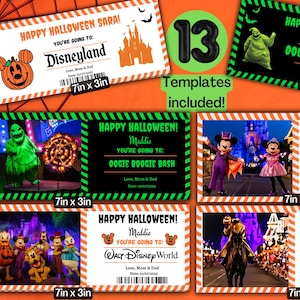 May include: Halloween-themed ticket templates with various designs. The templates include text that says "Happy Halloween" and "You're going to Disneyland" or "Oogie Boogie Bash" or "Walt Disney World". Each ticket is 7in x 3in.