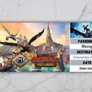 May include: A boarding pass for the Universal Epic Universe, featuring a colorful image of dragons and the text "Epic Universe" and "Dragon Isle of Berk". The pass is for Hiccup and is valid for June 2025.