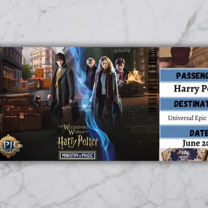 May include: A blue and white boarding pass with the text "BOARDING PASS" on the left side. The right side of the pass has the text "PASSENGER Harry Potter DESTINATION Universal Epic Universe DATE June 2025". The image also features a scene from the Wizarding World of Harry Potter.