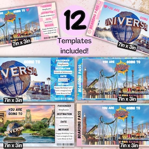 Op de afbeelding: Twaalf afdrukbare sjablonen voor een Universal Studios pretpark boarding pass. Elk sjabloon heeft een kleurrijk ontwerp met het Universal Studios logo en de tekst "Je gaat naar Universal". De sjablonen zijn 17,8 cm bij 7,6 cm.