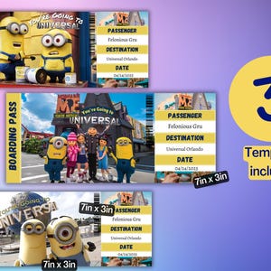 Op de afbeelding: Drie afdrukbare instapkaart sjablonen voor Universal Studios met een geel minion-personage. Elk sjabloon is 7 inch bij 3 inch en bevat de tekst "You're Going to Universal".