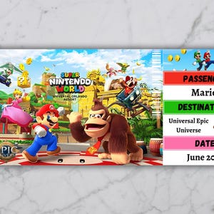 May include: A blue and white boarding pass for Super Nintendo World at Universal Orlando Resort. The pass has a picture of Mario, Donkey Kong, and other characters from the Super Mario franchise. The pass is for Mario and the date is June 2025.