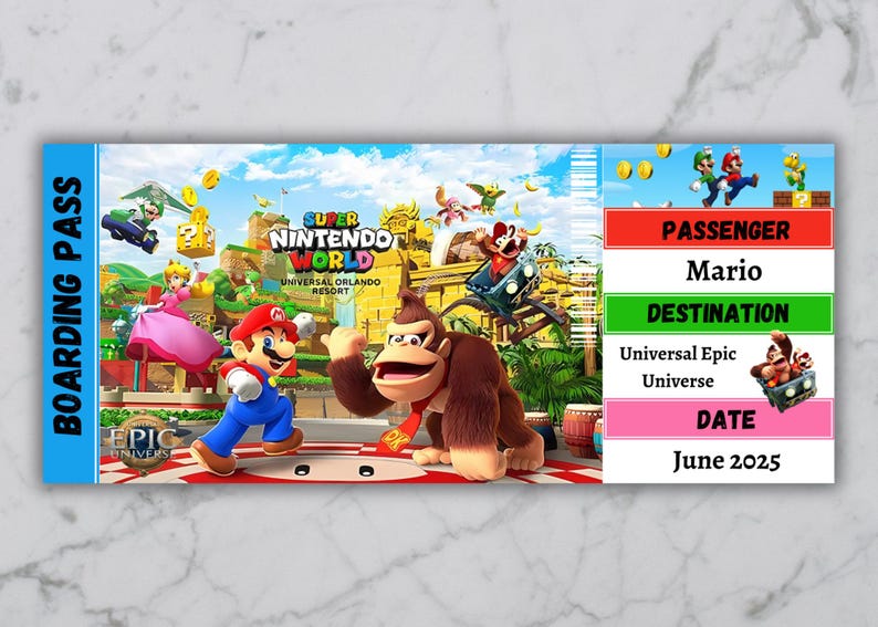 May include: A blue and white boarding pass for Super Nintendo World at Universal Orlando Resort. The pass has a picture of Mario, Donkey Kong, and other characters from the Super Mario franchise. The pass is for Mario and the date is June 2025.