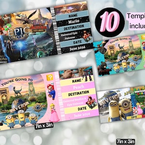 May include: A collection of ten colorful Universal Epic Universe and Nintendo World themed ticket templates. Each ticket design features various characters and attractions, with dimensions of 7 inches by 3 inches.