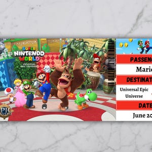 May include: A red and white boarding pass for Super Nintendo World at Universal Epic Universe. The pass features a cartoon image of Mario, Donkey Kong, and other characters from the Super Mario franchise. The pass is valid for June 2025.