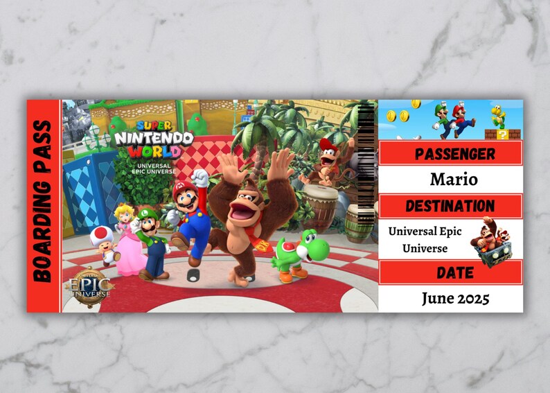 May include: A red and white boarding pass for Super Nintendo World at Universal Epic Universe. The pass features a cartoon image of Mario, Donkey Kong, and other characters from the Super Mario franchise. The pass is valid for June 2025.