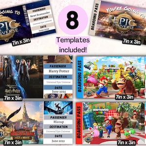 Op de afbeelding: Acht printbare instapkaart sjablonen voor het Universal Epic Universe pretpark. Elke sjabloon heeft een ander thema, waaronder Harry Potter, Hoe tem je een draak, Super Nintendo World en meer. De sjablonen zijn 17,8 cm bij 7,6 cm.
