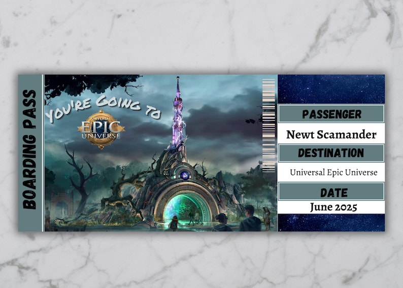 May include: A boarding pass for the Epic Universe, featuring a fantasy-themed image of a tower with a portal. The pass is for Newt Scamander and the date is June 2025.