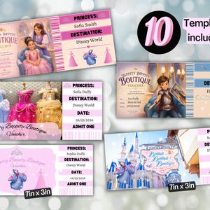 May include: A collection of ten pink and blue Disney-themed vouchers, each 7in x 3in, featuring illustrations of princesses, princes, and Cinderella's castle. The vouchers include details like destination, date, and "Admit One."