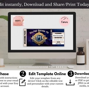 May include: A digital template for a boarding pass with the text "You're Going to the Epic Universe". The template is customizable with Canva and can be downloaded as a JPEG or PDF.