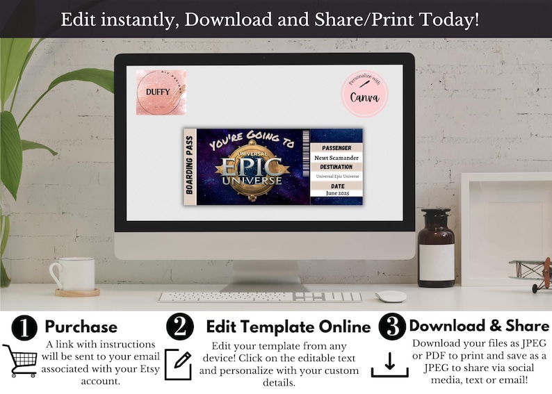 May include: A digital template for a boarding pass with the text "You're Going to the Epic Universe". The template is customizable with Canva and can be downloaded as a JPEG or PDF.
