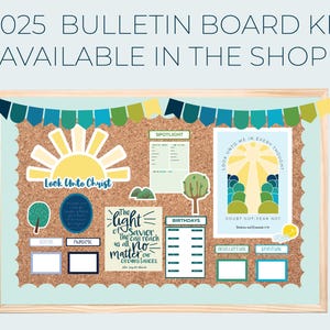May include: A bulletin board kit for 2025 with a blue, green, and yellow color scheme. The kit includes a variety of printable posters, cards, and decorations with inspirational quotes and themes. The kit is available in the shop.