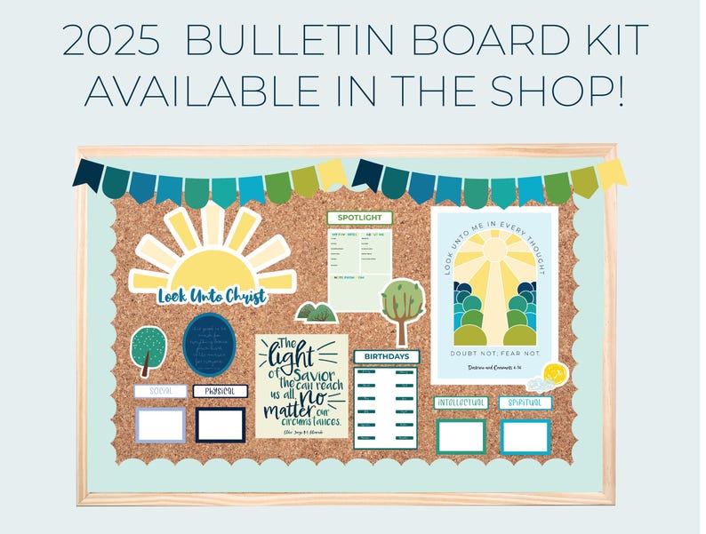 May include: A bulletin board kit for 2025 with a blue, green, and yellow color scheme. The kit includes a variety of printable posters, cards, and decorations with inspirational quotes and themes. The kit is available in the shop.