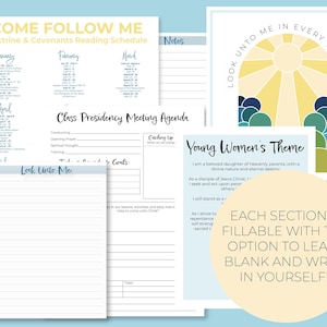 May include: A printable planner for a church group or class. The planner includes a reading schedule for the Doctrine and Covenants, a class presidency meeting agenda, a young women's theme, and a section for notes. The planner has a blue and white color scheme and features a sunburst design.