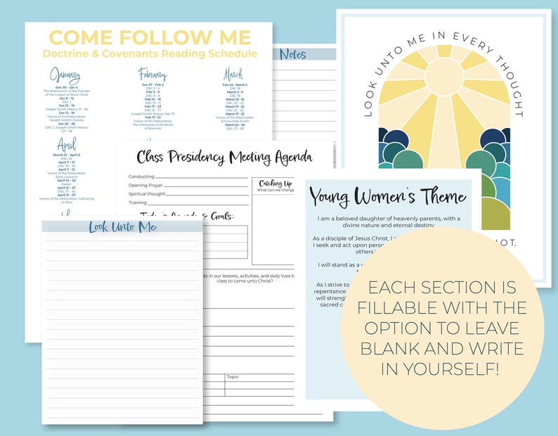 May include: A printable planner for a church group or class. The planner includes a reading schedule for the Doctrine and Covenants, a class presidency meeting agenda, a young women's theme, and a section for notes. The planner has a blue and white color scheme and features a sunburst design.