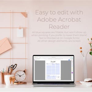 May include: A laptop computer displaying a digital planner with the text "Class List" on the screen. The laptop is on a desk with a gold wire grid wall, a pink envelope, a potted succulent, a pencil holder with pencils and a pair of scissors, and a clock. There are also two vases with pink flowers.