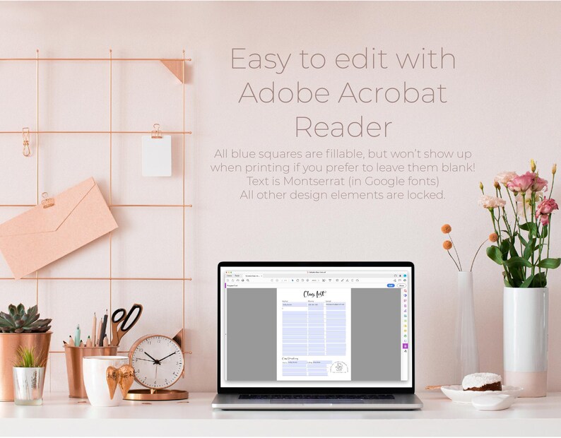 May include: A laptop computer displaying a digital planner with the text "Class List" on the screen. The laptop is on a desk with a gold wire grid wall, a pink envelope, a potted succulent, a pencil holder with pencils and a pair of scissors, and a clock. There are also two vases with pink flowers.