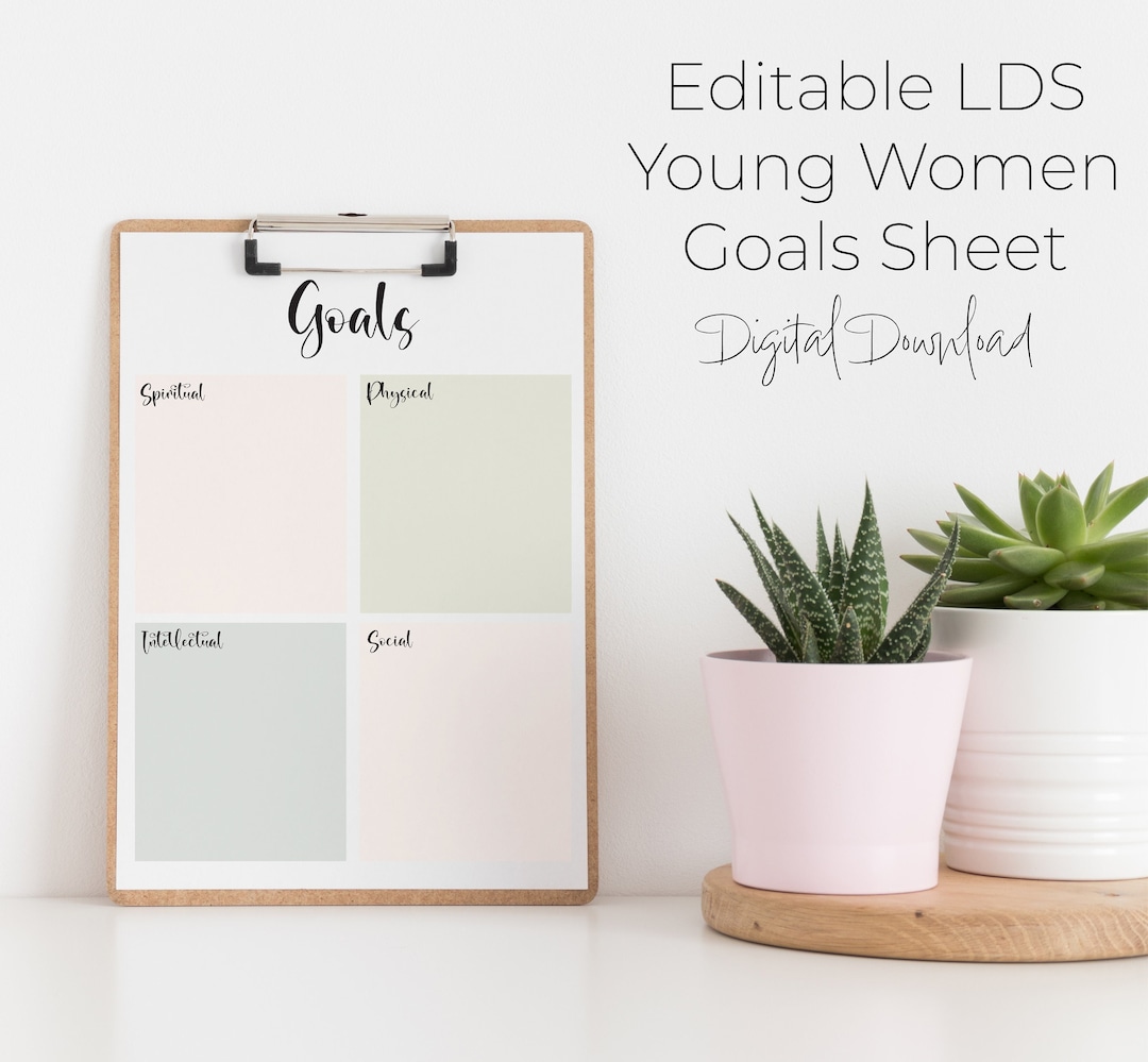 LDS Young Women Goal Sheet, Spiritual, Physical, Intellectual, Social