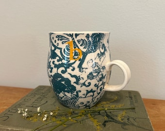 Anthropologie Floral Monogram Mug, Letter B, Teal Koi Fish Design