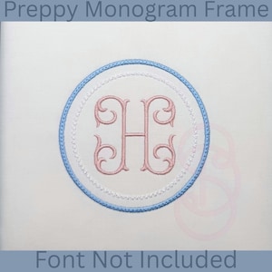 May include: A circular monogram frame featuring the letter "H" in pink. The frame has a light blue outer edge and a dotted white inner border. The text "Preppy Monogram Frame" is at the top, and "Font Not Included" is at the bottom of the image.
