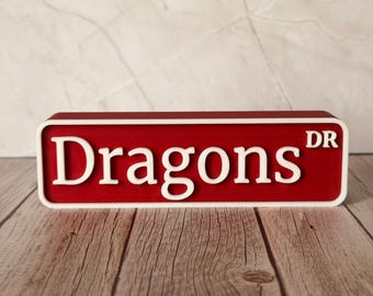 Self-Standing Dragons Dr. Street Sign | Dark Red White 3D Printed Shelf Decor