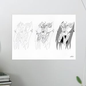 Puede incluir: Un dibujo en blanco y negro de un demonio con cuernos y alas. El dibujo está en tres etapas de finalización, mostrando la progresión de la obra de arte. El texto "Aika" está en la parte inferior de la imagen.