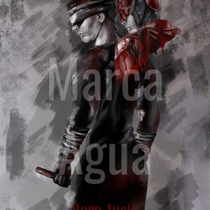 May include: A black and white illustration of Daredevil, a superhero with a red costume, standing behind another person wearing a black suit and a blindfold. The text "Born Again" is written in red at the bottom of the image.