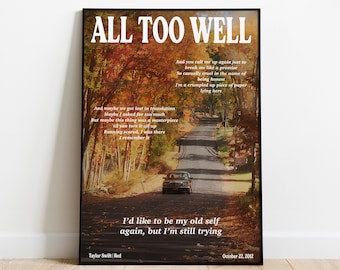 Druk „All Too Well”, czerwony wzór, dziewczęca sztuka ścienna, sztuka ścienna w stylu preppy, wystrój pokoju w akademiku w stylu retro, prezent