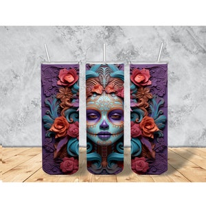 3D Colorful Sugar Skull Tumbler Wrap, Sugar Skull, Sublimation Design, 3D, Design Template