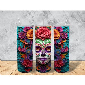 3D Sugar Skull 20oz Tumbler Wrap, Sugar Skull, Sublimation Design, Tumbler Template