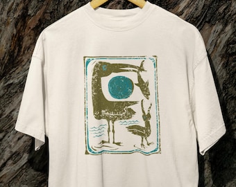 Pelican Woodcut Print Style T-Shirt, Coastal Graphic Tee, Linocut style Art Shirt