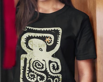 Octopus Linocut Print Style Dark T-Shirt Graphic Tee, Mens Sea Life T Shirt, Womens Animal Tshirt, Wood Block Stamp Effect Art Top