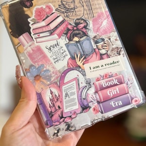 May include: Clear phone case with a collage design featuring pink books, roses, and the text "I am a reader." The case has a pink and purple color scheme with a drawing of a woman reading.