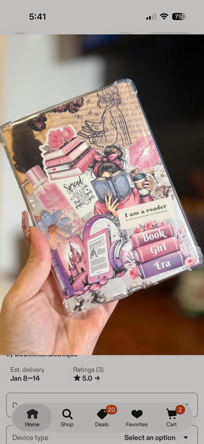 May include: Clear phone case with a collage design featuring pink books, roses, and the text "I am a reader." The case has a pink and purple color scheme with a drawing of a woman reading.
