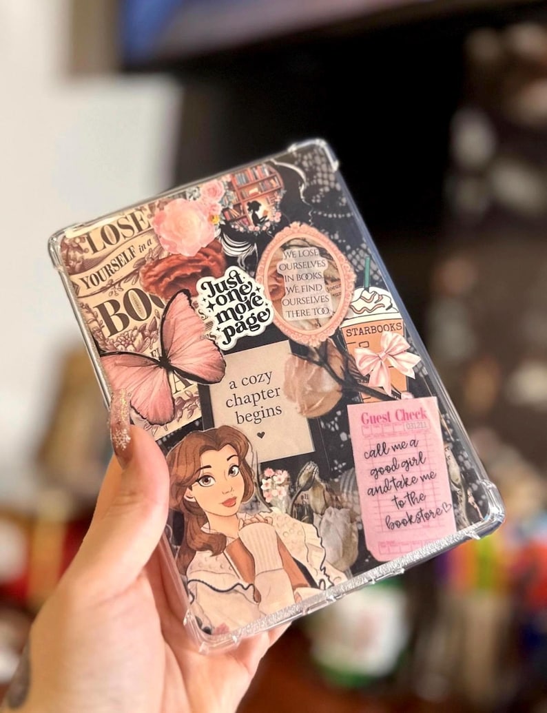 May include: Clear phone case with a collage design featuring a butterfly, flowers, and text. The case includes a cartoon image of a woman and various phrases like "Just one more page" and "call me a good girl and take me to the bookstore."