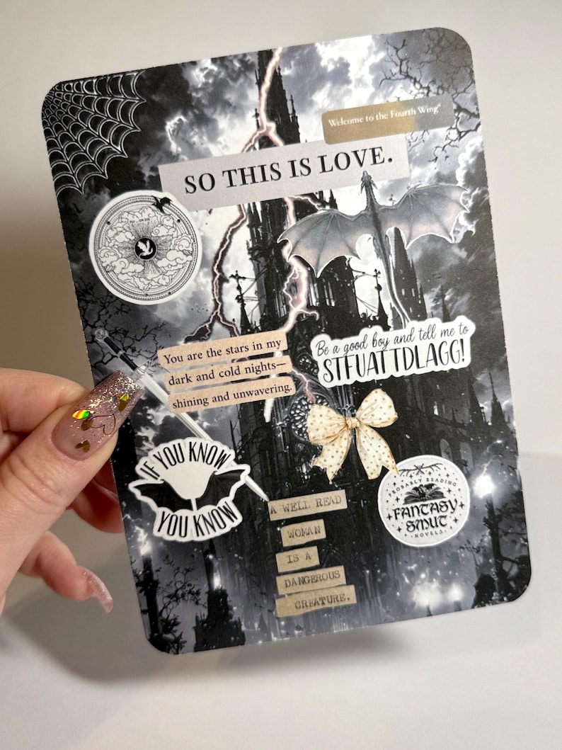 May include: A black and white collage with text and illustrations. The text includes "SO THIS IS LOVE," "Welcome to the Fourth Wing," and "If you know, you know." Illustrations include a dragon, a castle, and a spiderweb.