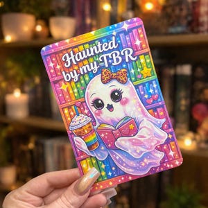 May include: A colorful rectangular sticker with the text "Haunted by my TBR." The sticker features a cute ghost character with a bow, holding a book and a rainbow-colored drink. The background is a rainbow bookshelf.