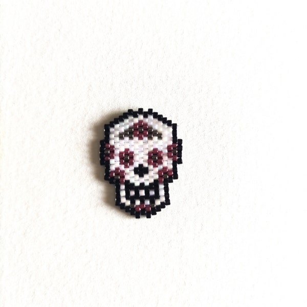 Broche Calavera Sugar Skull en perles Miyuki tissées à la main (argent, rose, blanc et noir) style mexicain