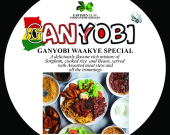 GANYOBI GHANA special WAAKYE. Delicious hot fresh Waakye with all the toppings.