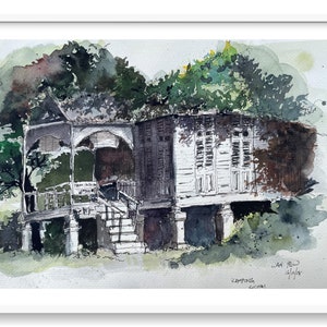 Abandoned wooden Malay house in Ipoh Kuchai Village, Malaysia - Watercolor original painting