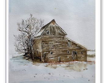 Snow scene wooden house - Original watercolor painting