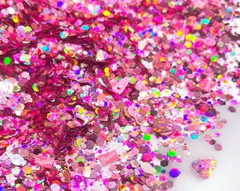 Barbie inspired chunky glitter mix, polyester glitter with polymer clay slices for resin art, snowglobe cups, body & hair glitter