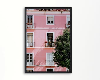 Pink Building Art Print, Wall Art Prints, Office Room Decor, Aesthetic Decor, Boho Spanish Print, Printable Wall Art, Digital Download