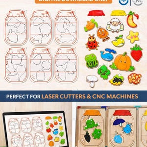 Può includere: Download digitale di file di taglio laser Montessori Sorting Jars. L'immagine mostra esempi del prodotto finito, tra cui barattoli di legno e forme di legno colorate. Il testo recita "Perfect for laser cutters & CNC machines."