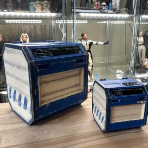 Könnte beinhalten: Zwei blaue und weiße Aufbewahrungsboxen mit einer schwarzen Platte und dem Text "UNKNOWN" auf der Vorderseite. Die Boxen haben einen abgenutzten Look und sind aus Holz.