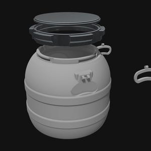 May include: A gray, spherical container with a removable lid and a separate handle. The container has horizontal bands and a latch. The lid and handle are detached, showing the container's components. The background is black.