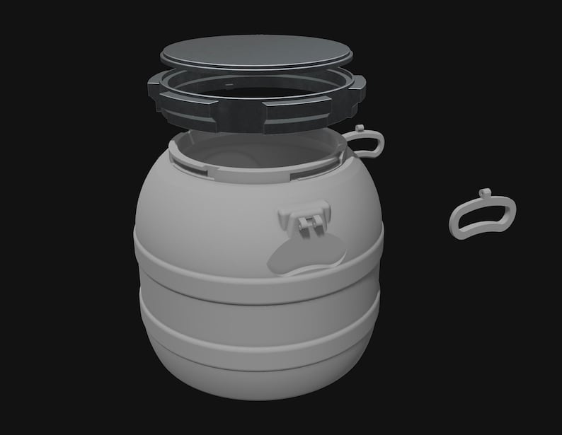 May include: A gray, spherical container with a removable lid and a separate handle. The container has horizontal bands and a latch. The lid and handle are detached, showing the container's components. The background is black.