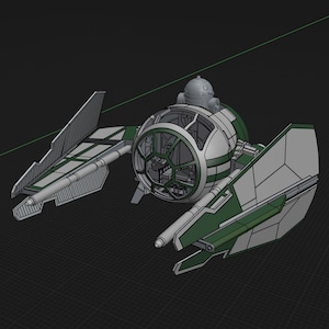 May include: A green and white spaceship model with a round cockpit and two large wings. The model has a detailed design and is made of plastic.