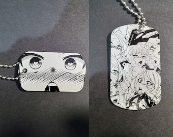 Ahegao Metal Keychain, laser etched tag, anime manga