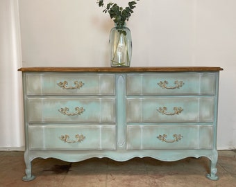 Vintage French Provincial Serpentine Dresser Buffet in French linen, duck egg blue, walnut wood top and gold hardware console credenza